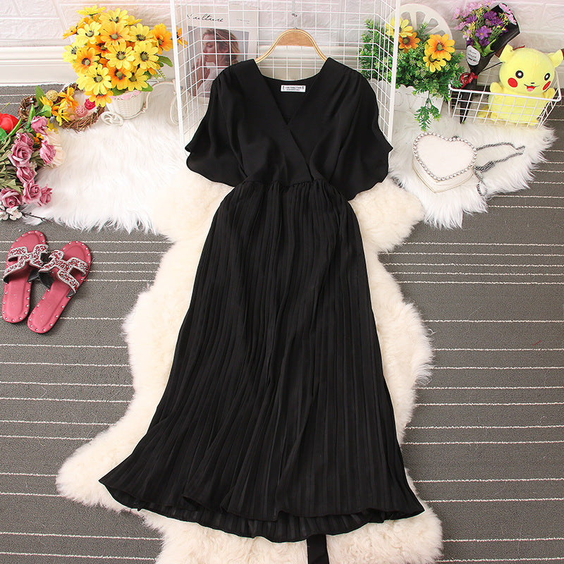 Below The Knee Slim Fit Temperament Waist-controlled Women's V-neck Short Sleeve Dress