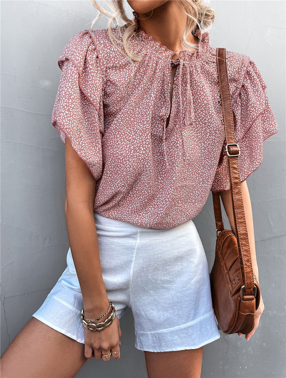Tied V-neck Leopard Print Top Casual T-shirt