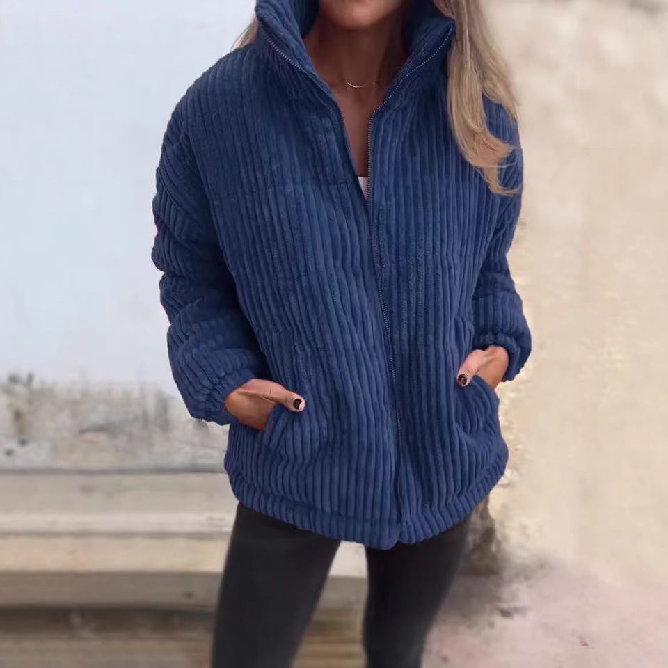 Women's Stand Collar Long Sleeve Short Pocket Jacket Coat