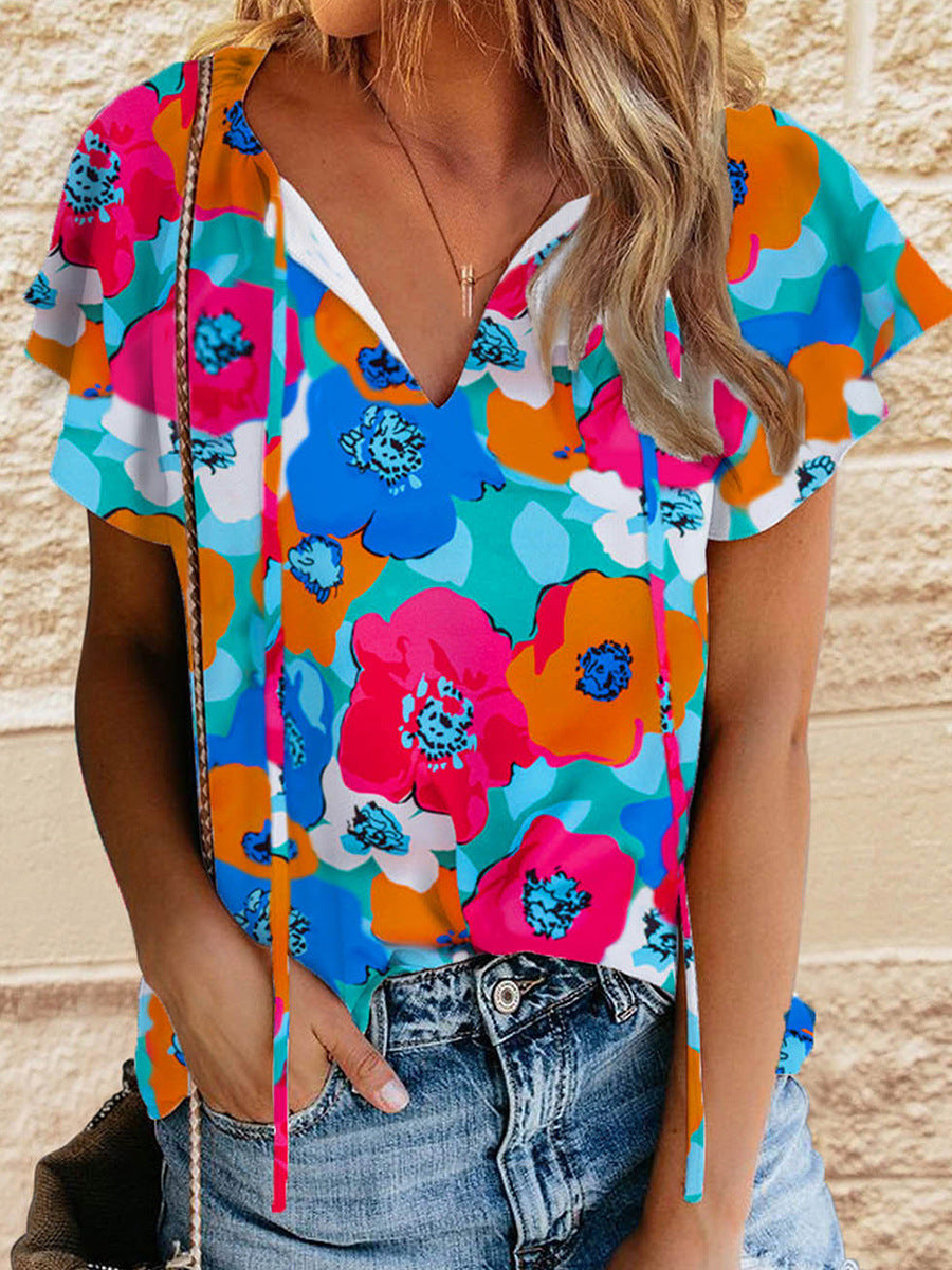 Floral Print Drawstring V-neck Short Sleeve