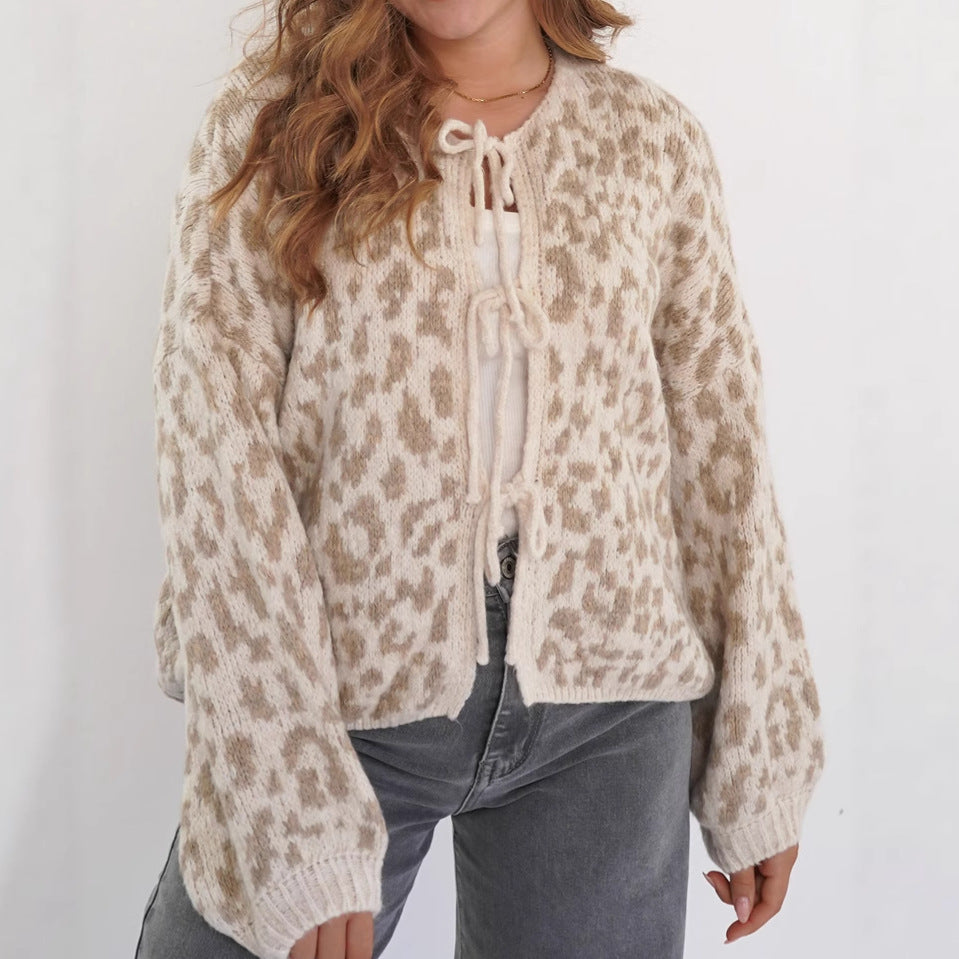 Round Neck Tied Leopard Print Knitted Cardigan Sweater