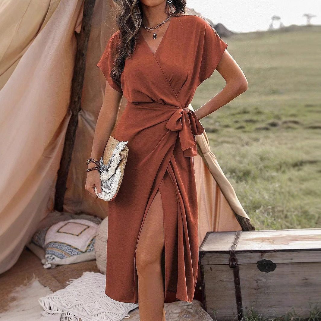 Commuting Fashion Forged Split Women's Solid Color Wrap Suspender Dress