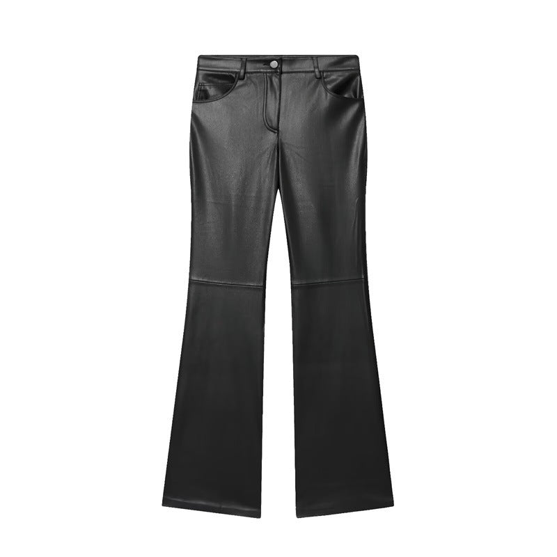 Cord-waist Micro-flared Pants For Leg-lengthening, Figure-hugging Casual Leather Pants