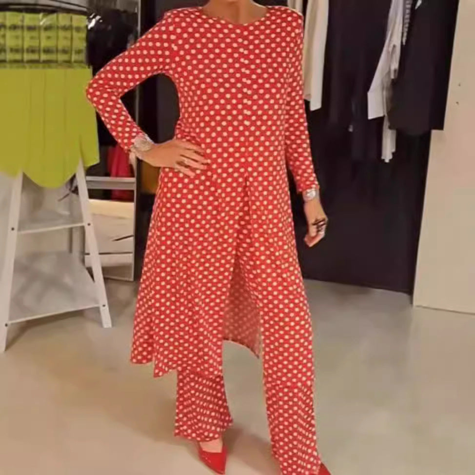 Round Neck Long Sleeve Split Polka Dot Trousers Casual Suit Women