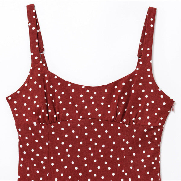 Linen Blended Polka Dot Midi Skirt Suspender Red Dress