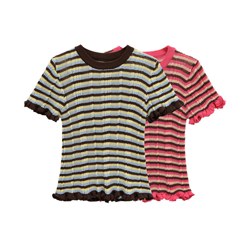 Simple Style Striped Round Neck Laminated Decoration Striped T-shirt