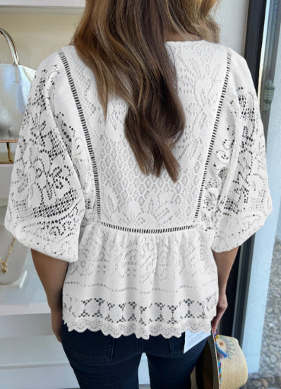 White Lace Crochet Hollowed Scallop Hem V Neck Blouse