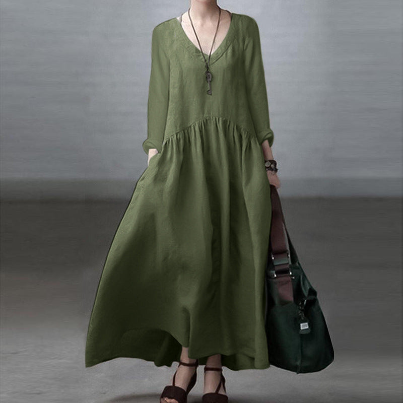 Fashion Long Sleeve V-neck Women's Casual Solid Color Loose Long Dress