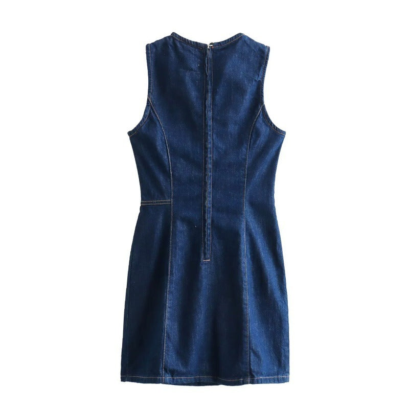 French Fashion Round Neck Slim Fit Denim Sleeveless Dress