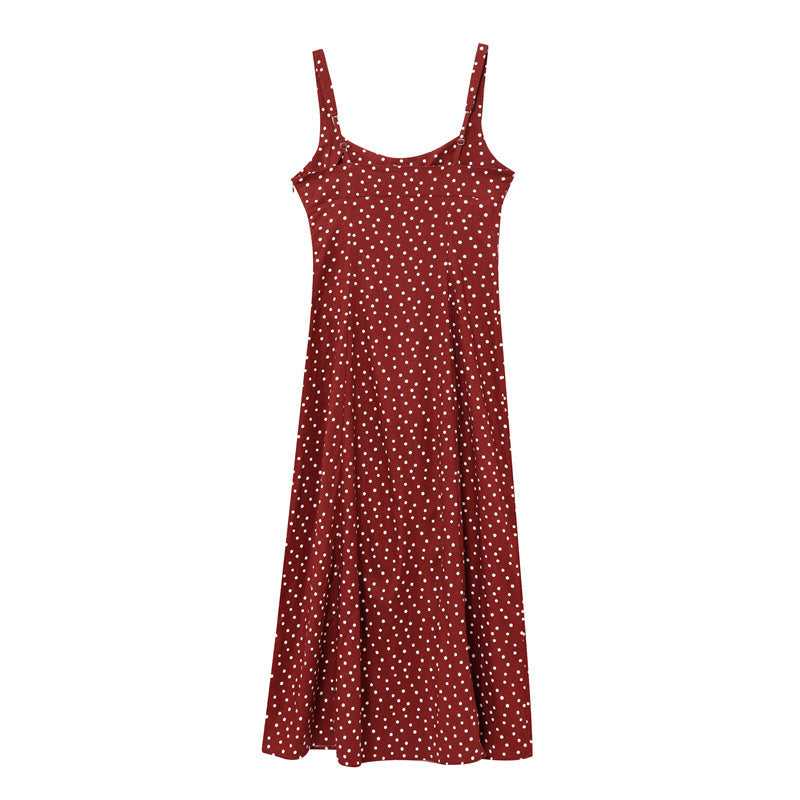 Linen Blended Polka Dot Midi Skirt Suspender Red Dress