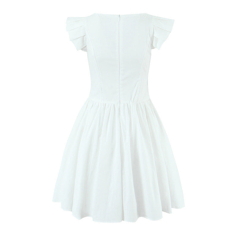 Sweet Lemon Yellow White Flying Sleeves Fishbone Embroidery Mini Dress