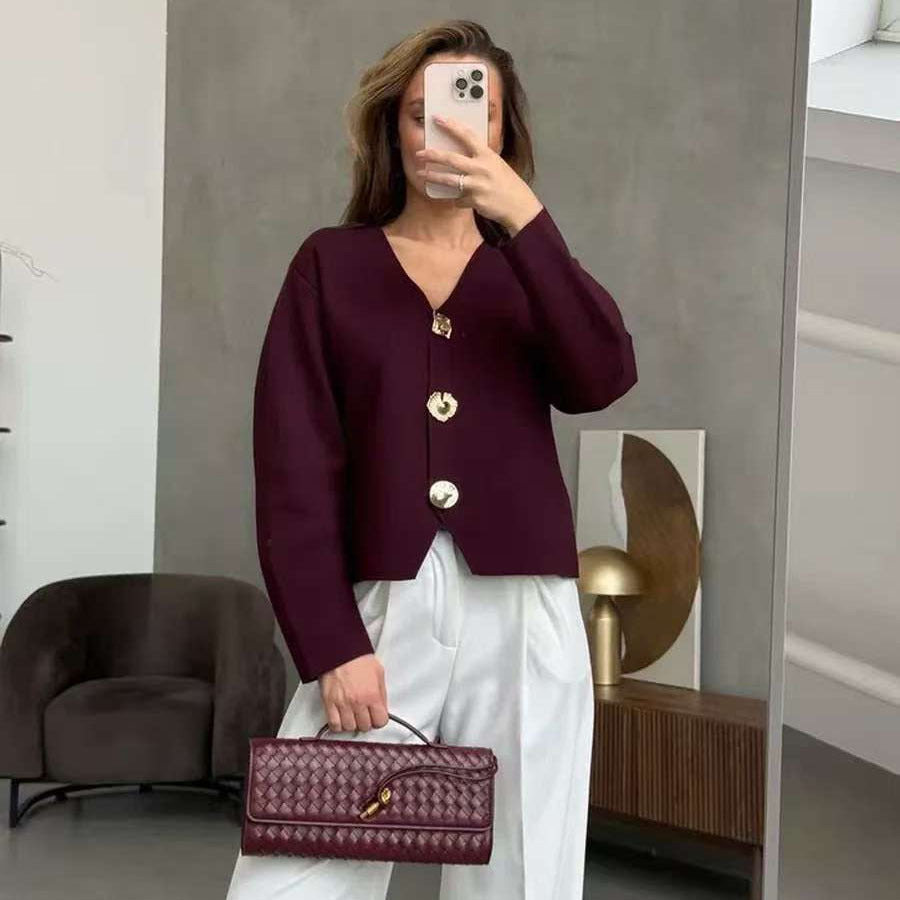 High-end Short Knitted Cardigan Slim Slimming Metal Buckle Sweater For Women